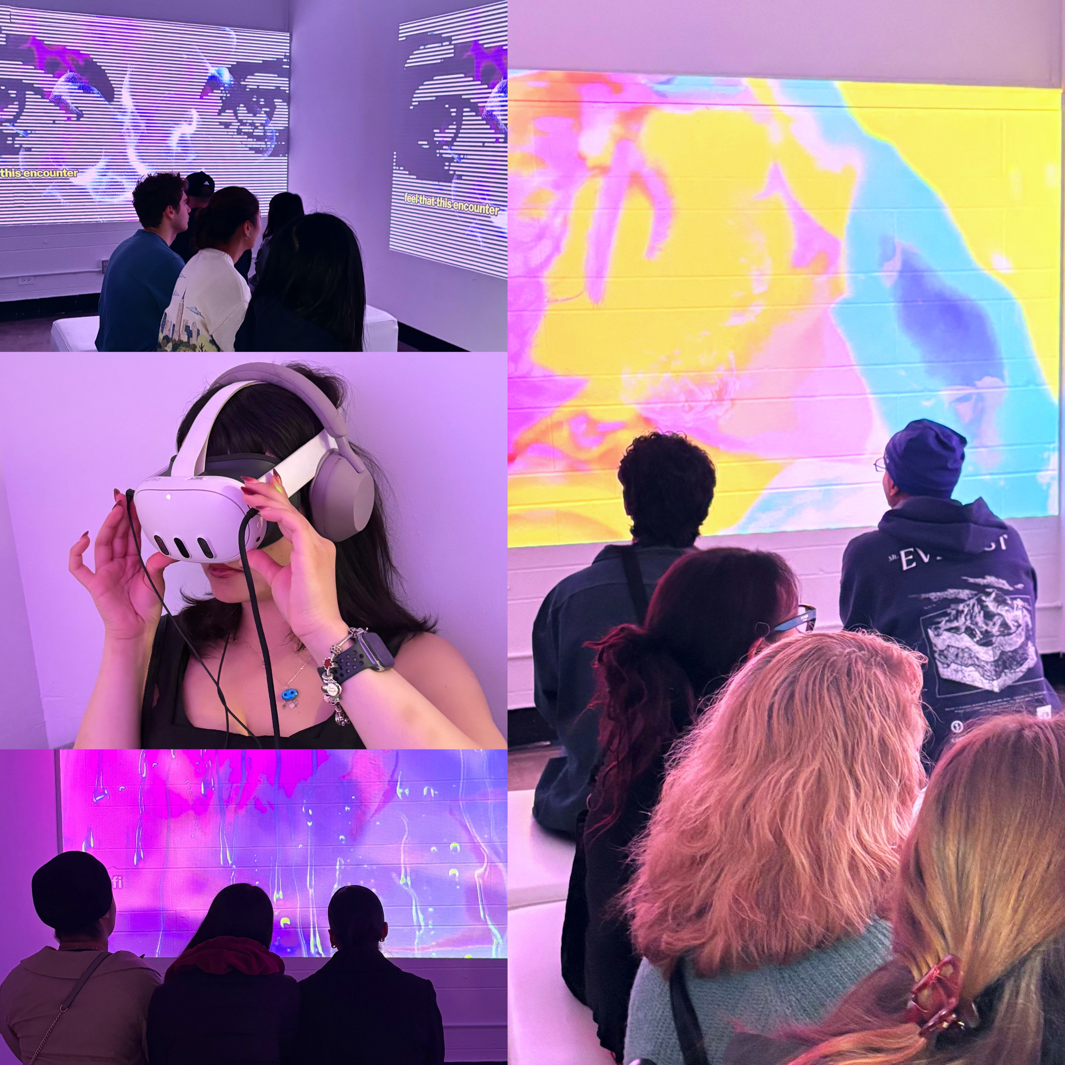 Visitors encountering projection and virtual reality artwork